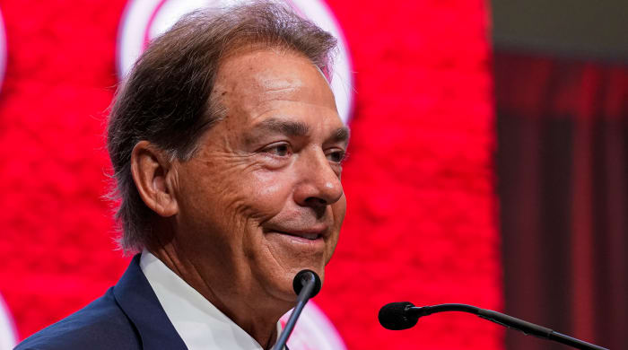 Alabama coach Nick Saban smiles during a press conference
